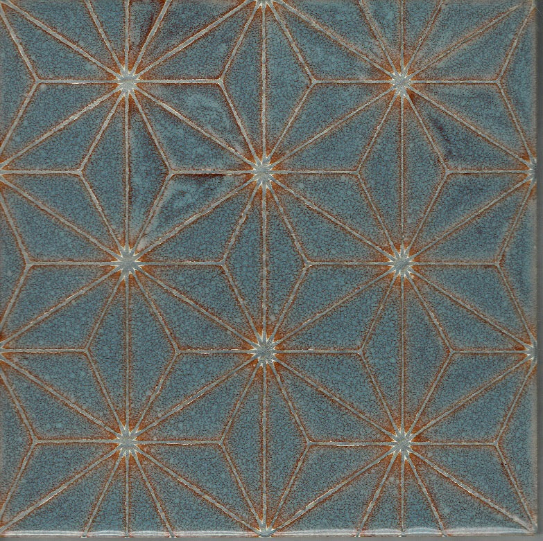 Sashiko Star in Mottled Blue (8"x8") - Handpainted Ceramic Tile Second for Kitchen, Bathroom, Wall & Table Decor